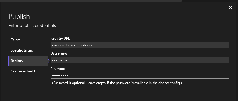 Captura de pantalla en la que se muestra la opción de publicar en otra instancia de Docker Container Registry.