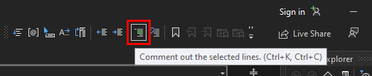 Captura de pantalla del botón Comentar en la barra de herramientas editor de texto de Visual Studio 2022.