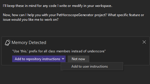 Captura de pantalla de la notificación detectada de memoria en la que se muestran las opciones para guardar la preferencia en las instrucciones de nivel de usuario o repositorio.