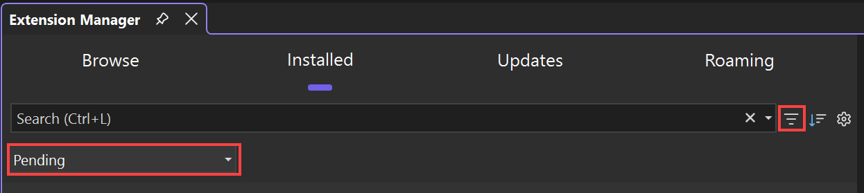 Captura de pantalla que muestra cómo filtrar la lista de extensiones para ver solo las extensiones que tienen actualizaciones pendientes.