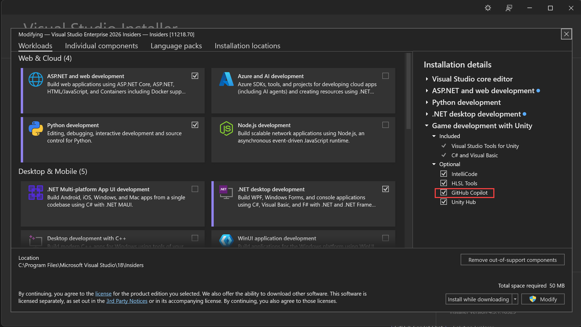 Captura de pantalla que muestra cómo usar el instalador de Visual Studio para instalar el componente de GitHub Copilot.