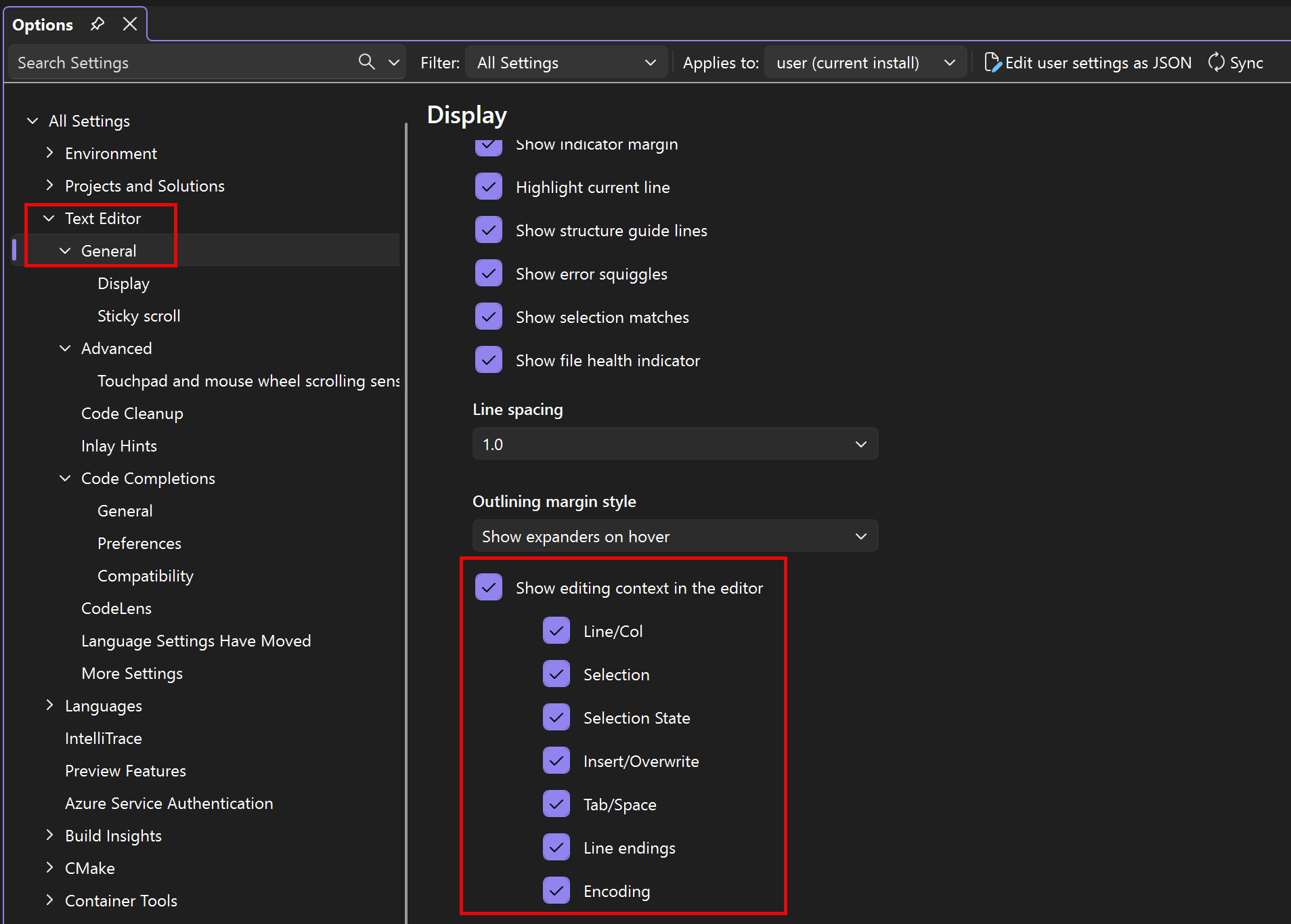 Captura de pantalla de las opciones de Herramientas > en Editor de texto > General, con la opción resaltada de mostrar el contexto de edición en el editor.