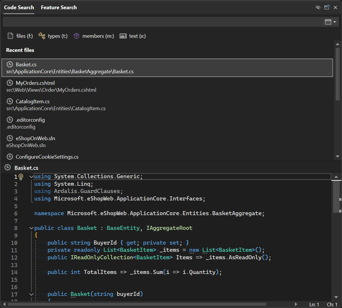 Screenshot of All-In-One Search showing recently navigated files.