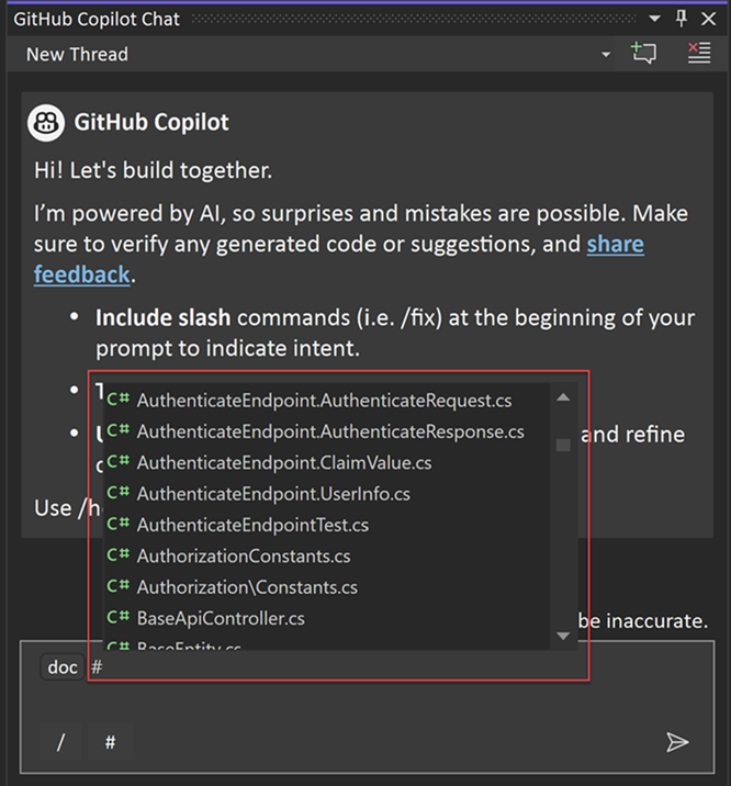 Captura de pantalla de la referencia de archivo en Chat de Copilot.
