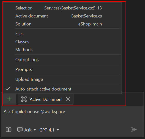Captura de pantalla del contexto implícito en El chat de Copilot.