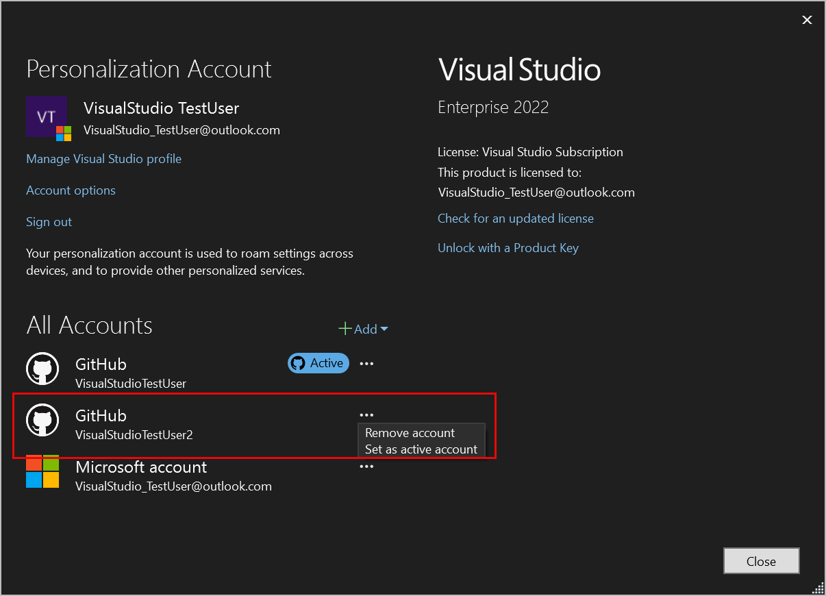 Captura de pantalla que muestra la configuración de una cuenta activa diferente mediante la configuración de la cuenta.