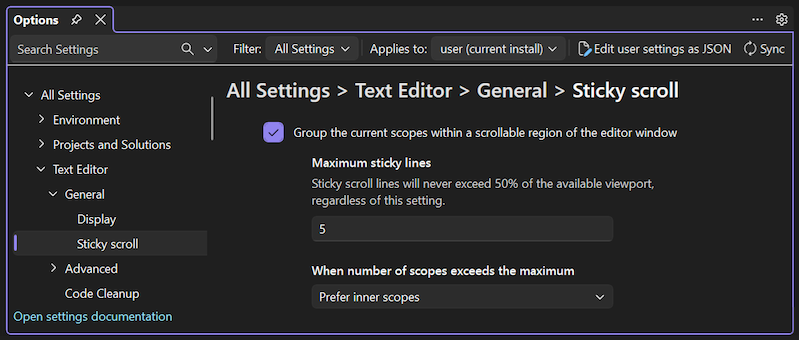 Captura de pantalla de las opciones de ámbito interno y externo para Sticky Scroll.