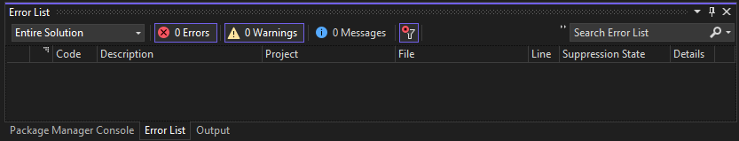 Captura de pantalla de la lista de errores en Visual Studio.