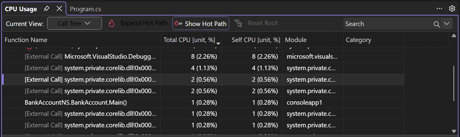 Captura de pantalla que muestra la vista de árbol de llamadas de las herramientas de diagnóstico.