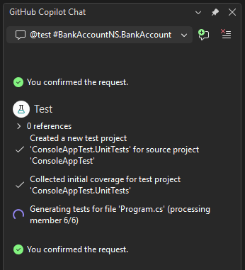 Captura de pantalla de Copilot iniciando la generación de pruebas.
