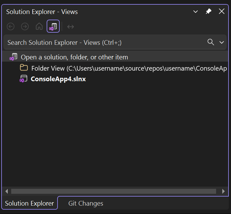 Captura de pantalla de la vista de carpetas en el Explorador de soluciones en Visual Studio.