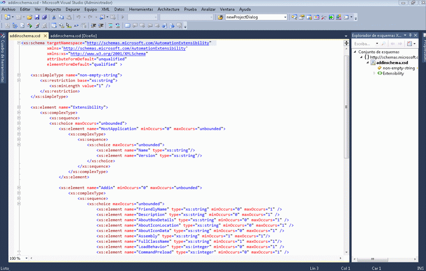 Captura de pantalla de un proyecto de Visual Studio que muestra un nodo XML en el panel Editor XML y una vista de árbol del conjunto de esquemas en el panel Explorador de esquemas XML.
