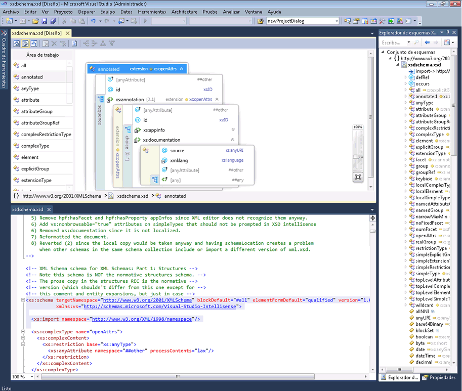 Captura de pantalla de un proyecto de Visual Studio que muestra el panel Diseñador de vistas, el panel Editor XML y el panel Explorador de esquemas XML.