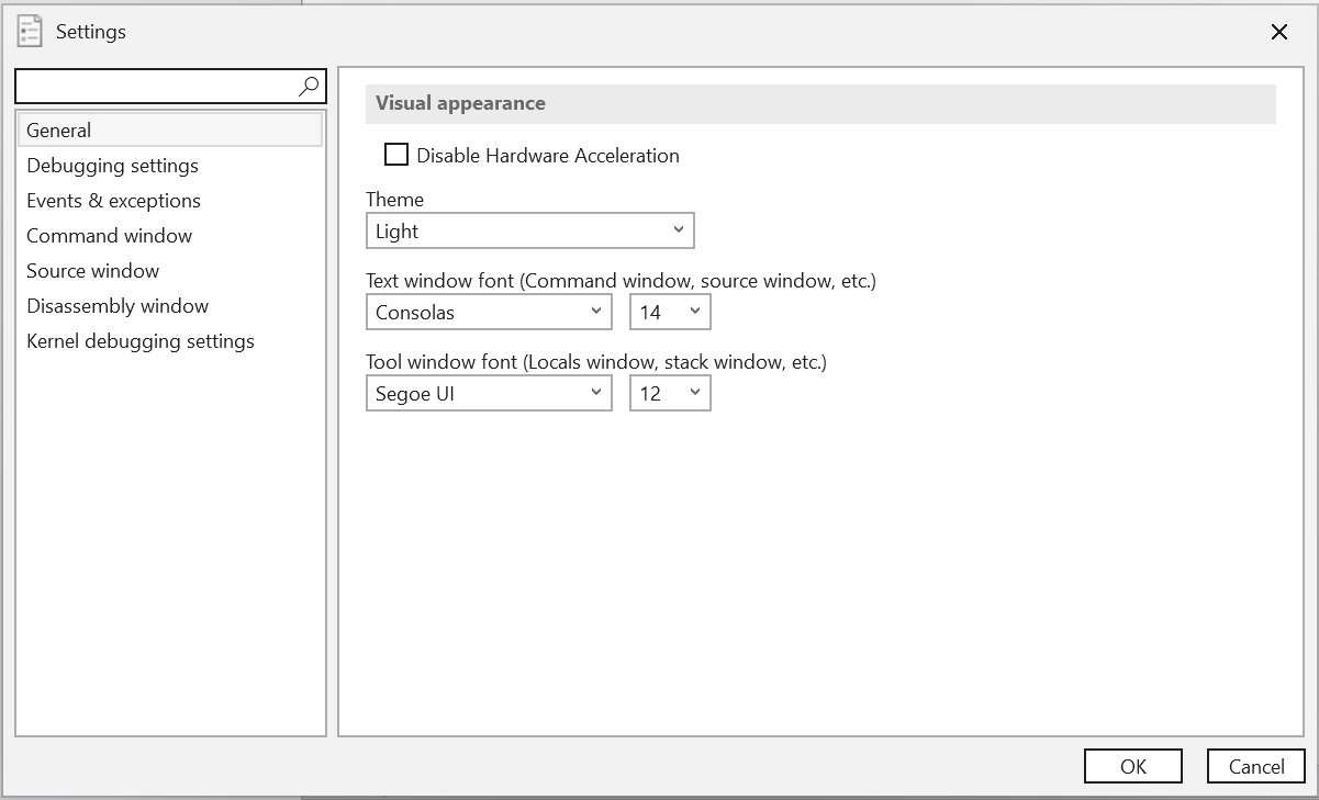 Captura de pantalla del menú Configuración de WinDbg que muestra la pestaña General.