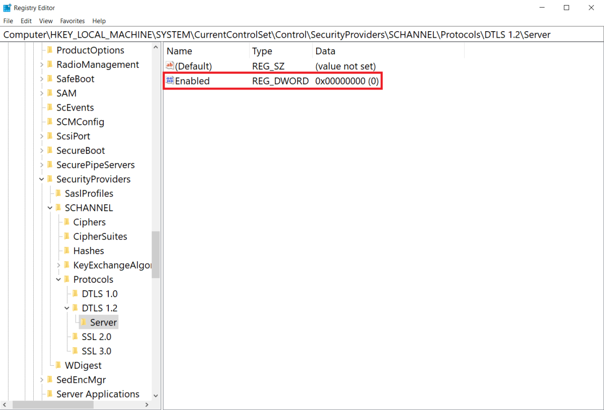 Captura de pantalla de la configuración del Registro de Windows Server para DTLS 1.2 establecida para deshabilitarse de forma predeterminada.