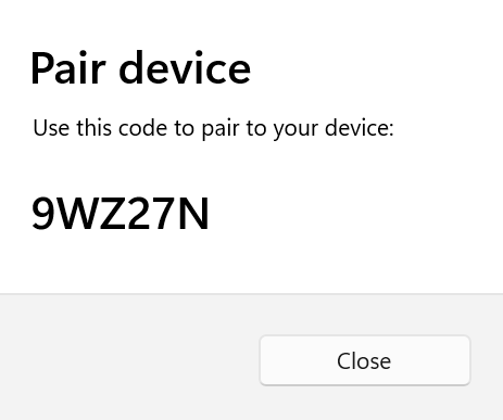 Captura de pantalla del cuadro de diálogo Emparejar dispositivo que muestra el pin SSH para el emparejamiento de dispositivos.