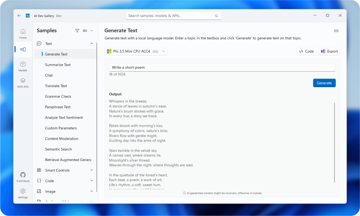 Captura de pantalla de la AI Dev Gallery aplicación mediante un ejemplo de texto de AI-Generated