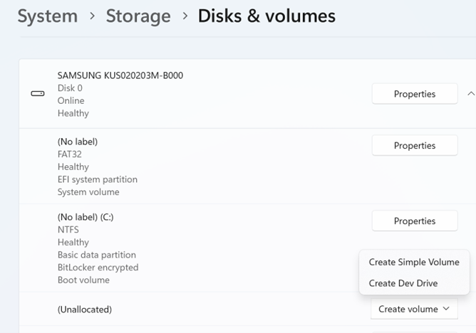 Captura de pantalla de la lista de almacenamiento 