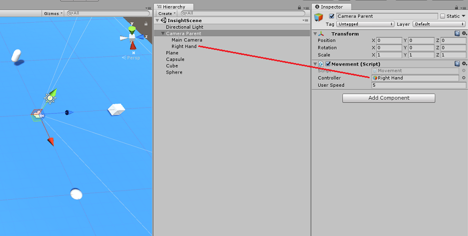 Captura de pantalla que muestra los paneles Jerarquía e Inspector. Una línea conecta la mano derecha en ambos paneles.