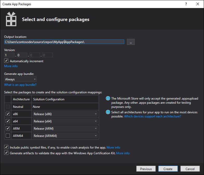 Ventana Crear paquetes de aplicaciones con la configuración del paquete que se muestra