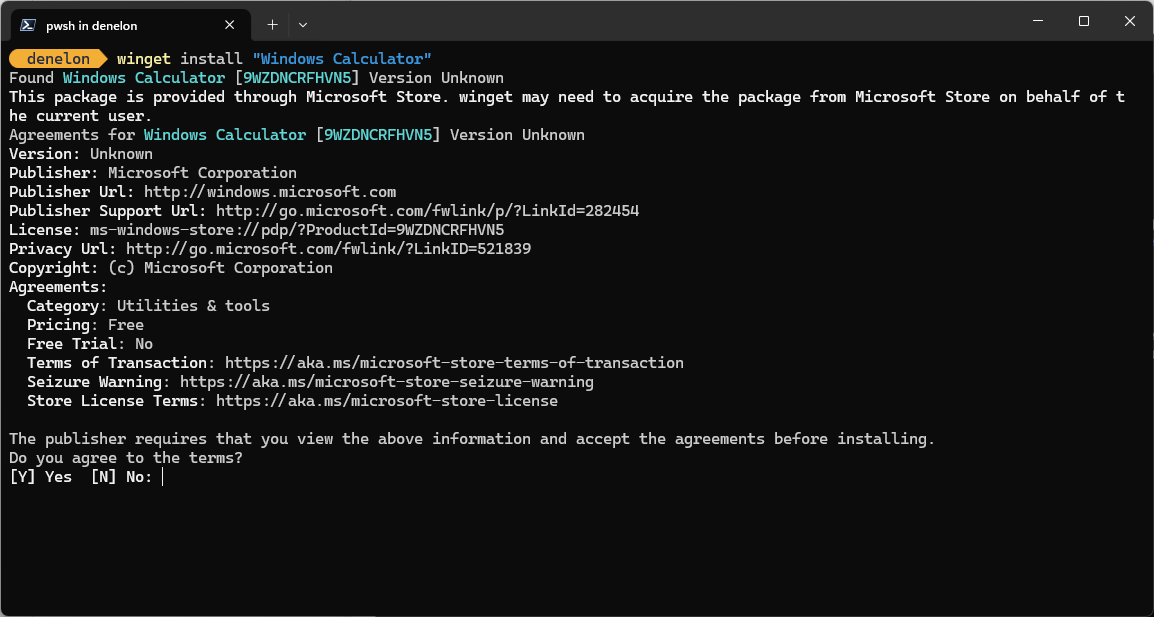 Captura de pantalla del aviso del contrato de usuario en winget.
