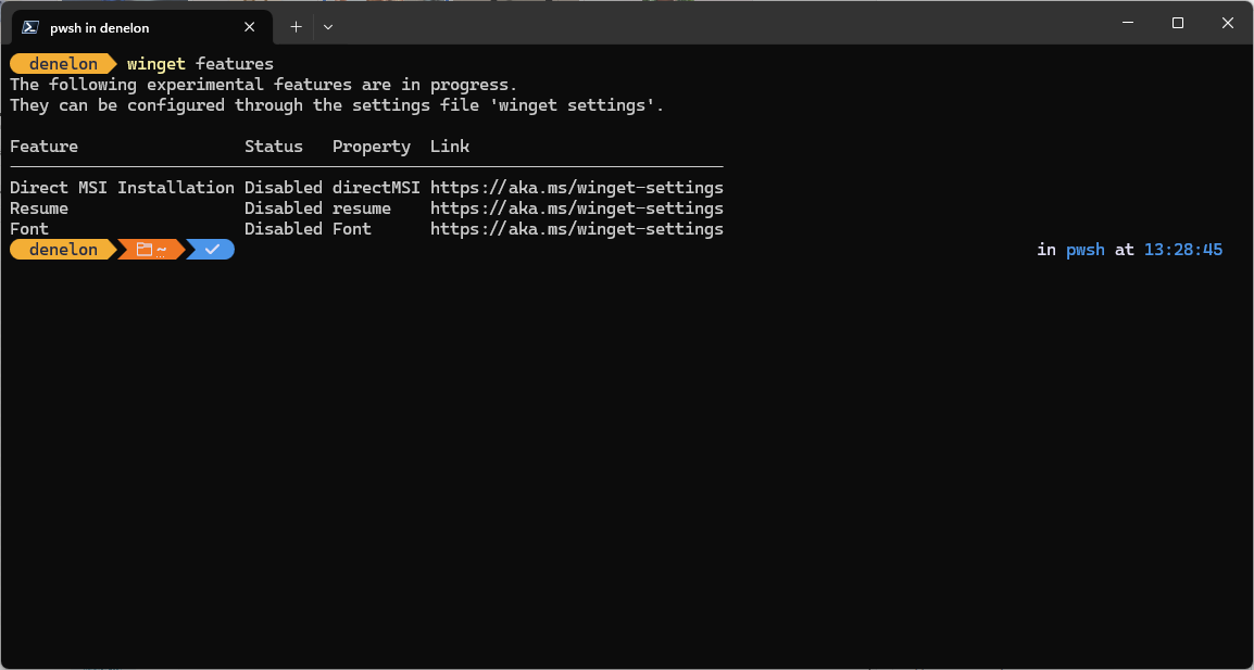 Captura de pantalla en la que se enumeran las características de winget.