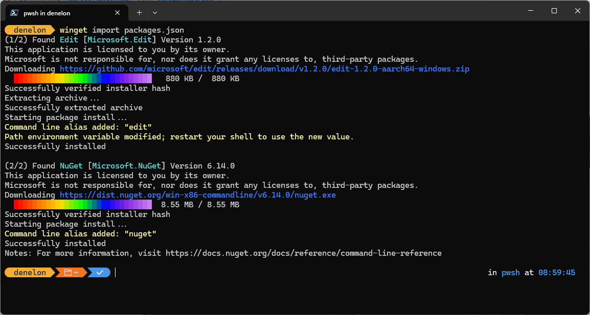 Captura de pantalla de cómo escribir el comando winget import en una línea de comandos de Terminal Windows.