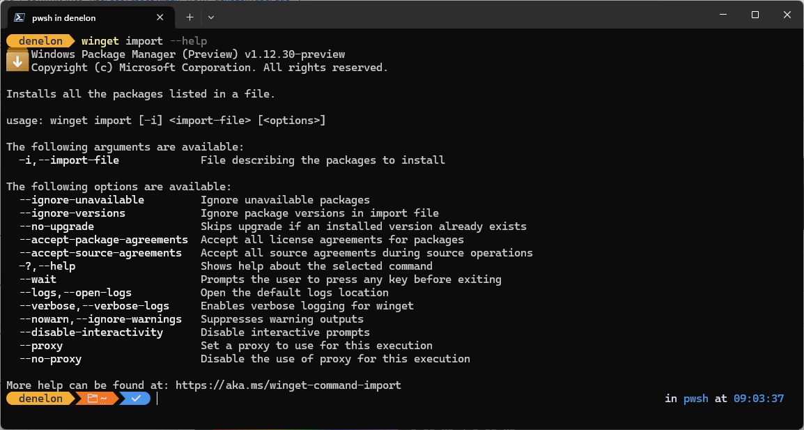 Captura de pantalla que muestra las opciones de ayuda del comando winget import.