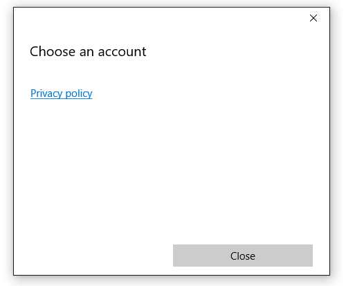 Captura de pantalla de la ventana Elija una cuenta sin cuentas en la lista y con un enlace a la Política de privacidad.
