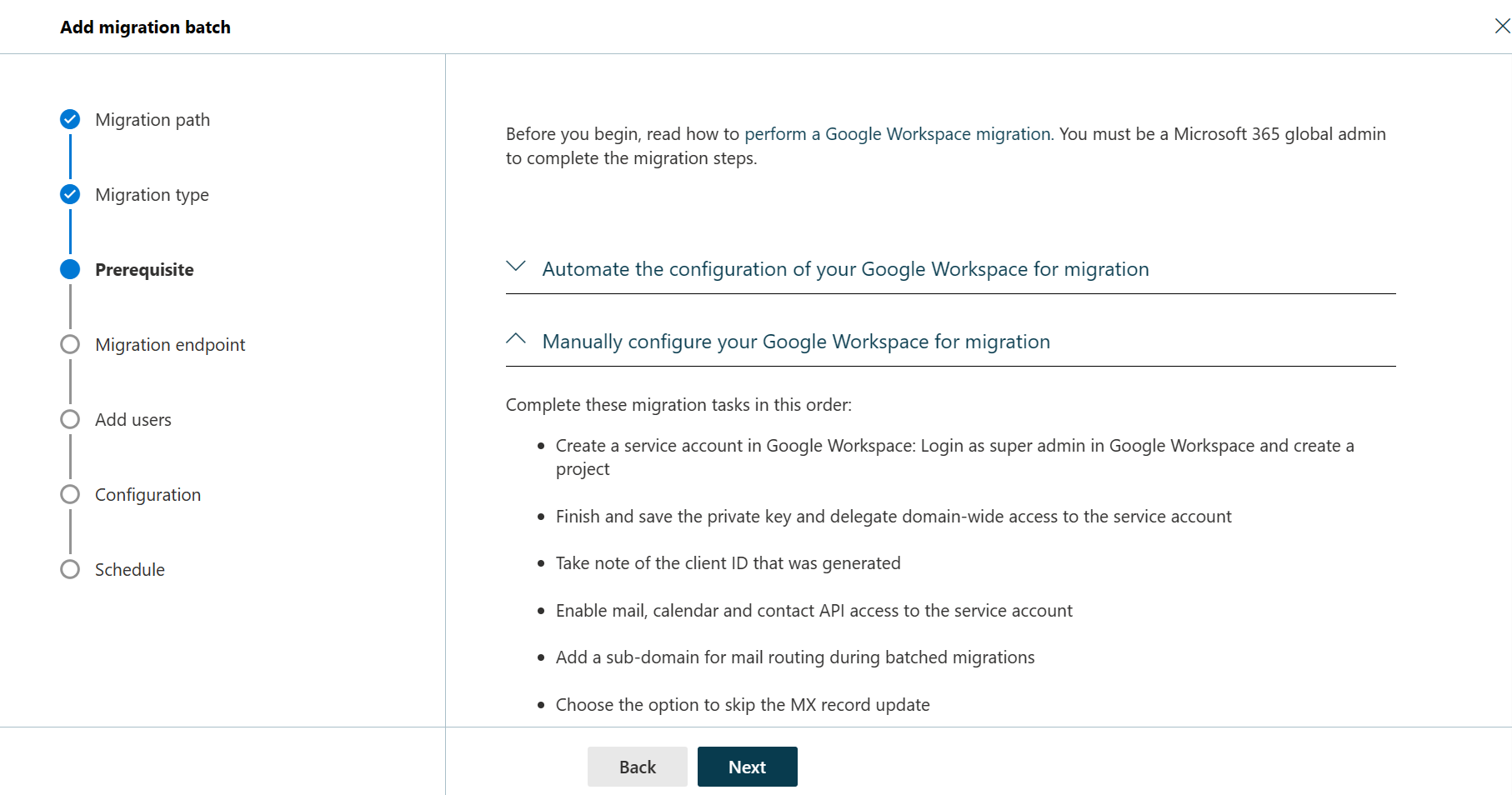 Screenshot of the third steps of the migration batch wizard where the manually configure Google workspace migration is selected.