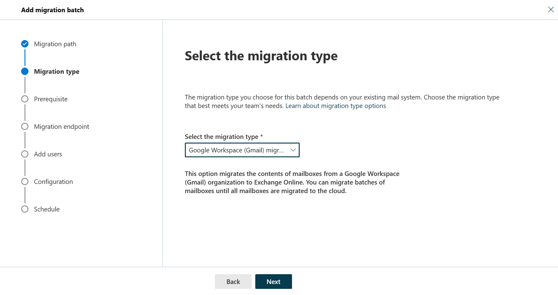 Screenshot of the second step of the migration batch wizard with the migration type selected as Google Workspace (Gmail) migration.