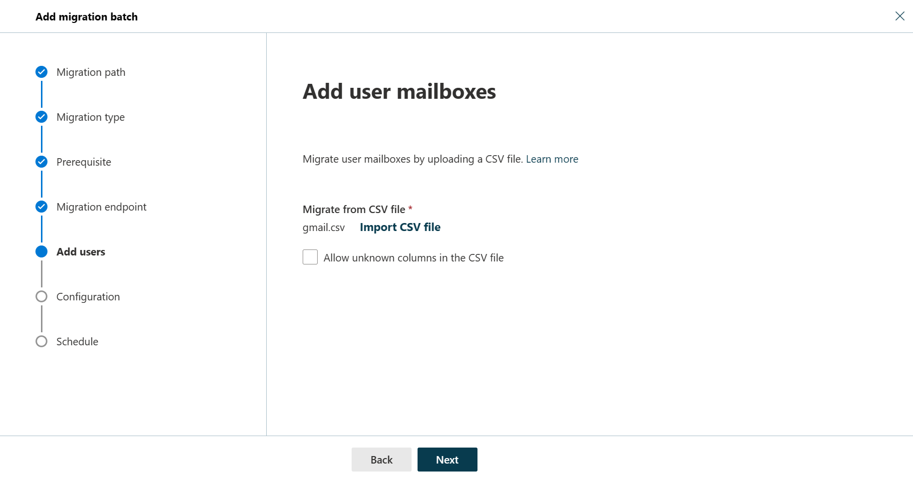 Screenshot of the fifth step of the Add migration batch wizard where the user can add user mailboxes.