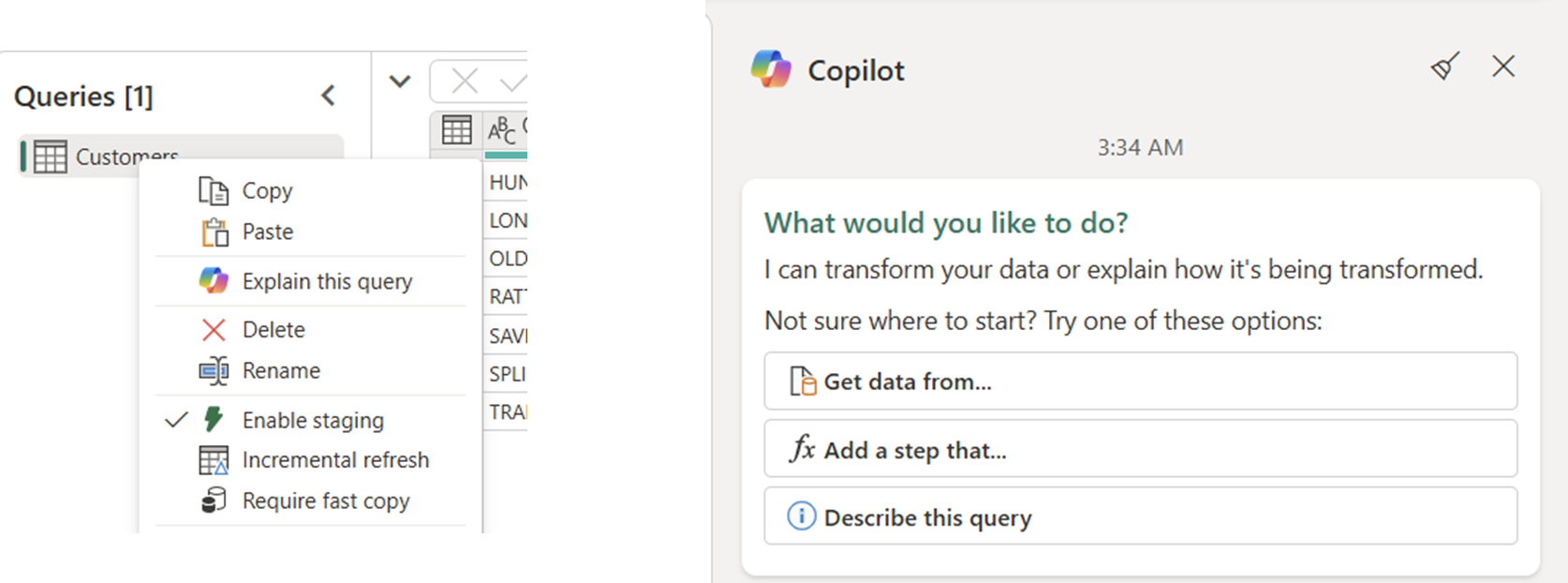 Screenshot showcasing entry points in the Dataflow Gen2 user interface for Queries and Copilot pane to trigger the copilot explain experience.