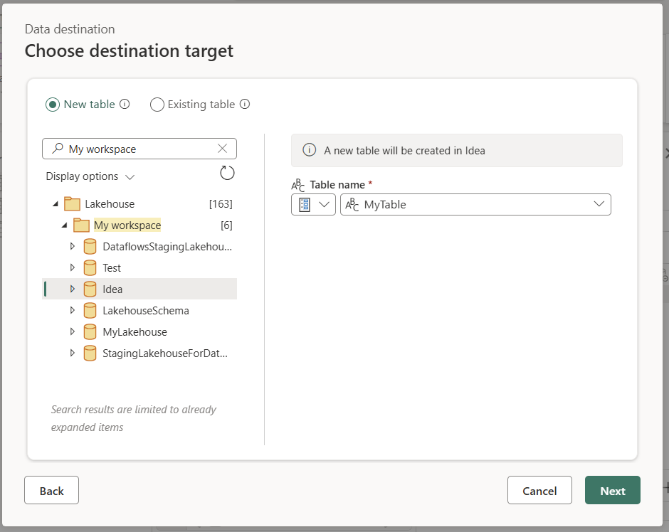 Screenshot of the data destination experience where the table name is using a parameter called "TableName" and the input widget is shown.