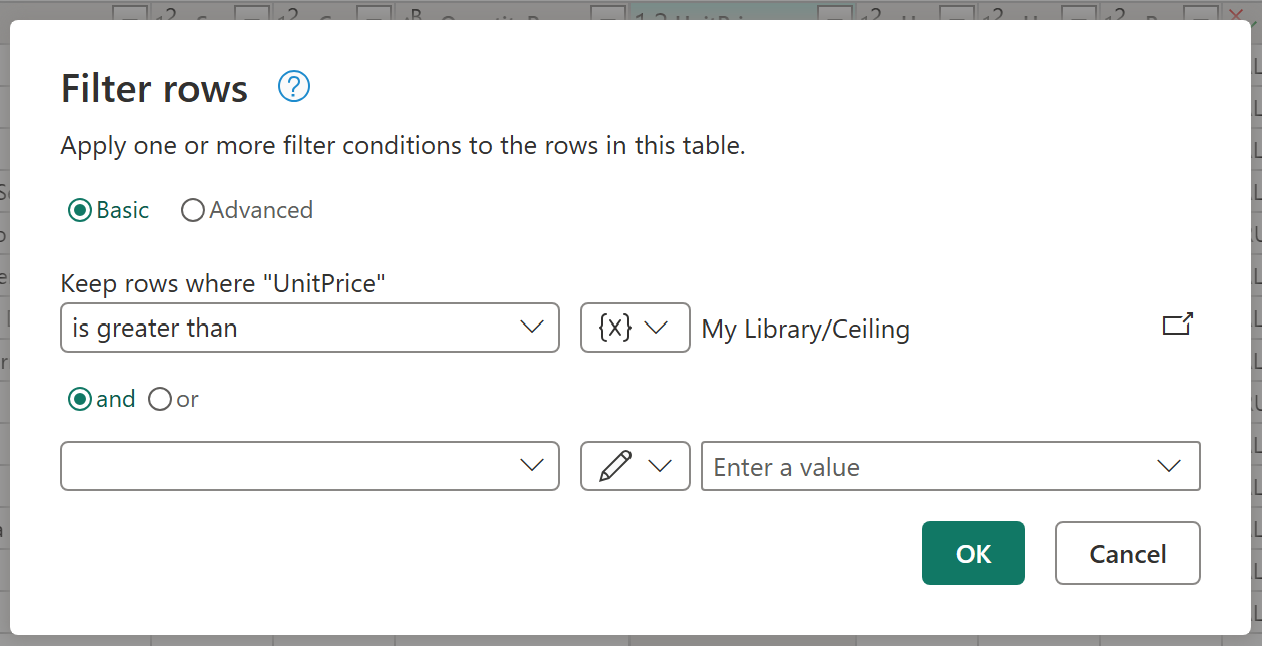 Screenshot of a variable with the name Ceiling from the library My library shown as selected in the filter rows dialog.
