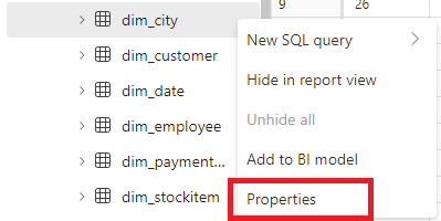 Screenshot showing where to find the Properties option on a selected table.
