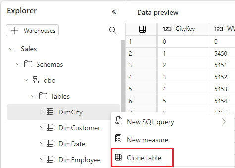 Screenshot showing the entry point for clone table context menu.