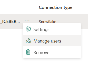 Screenshot that shows the Manage users action for a Fabric connection.