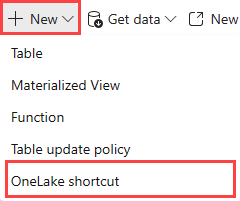 Screenshot of the Home tab showing the dropdown of the New button. The option titled OneLake shortcut is highlighted.