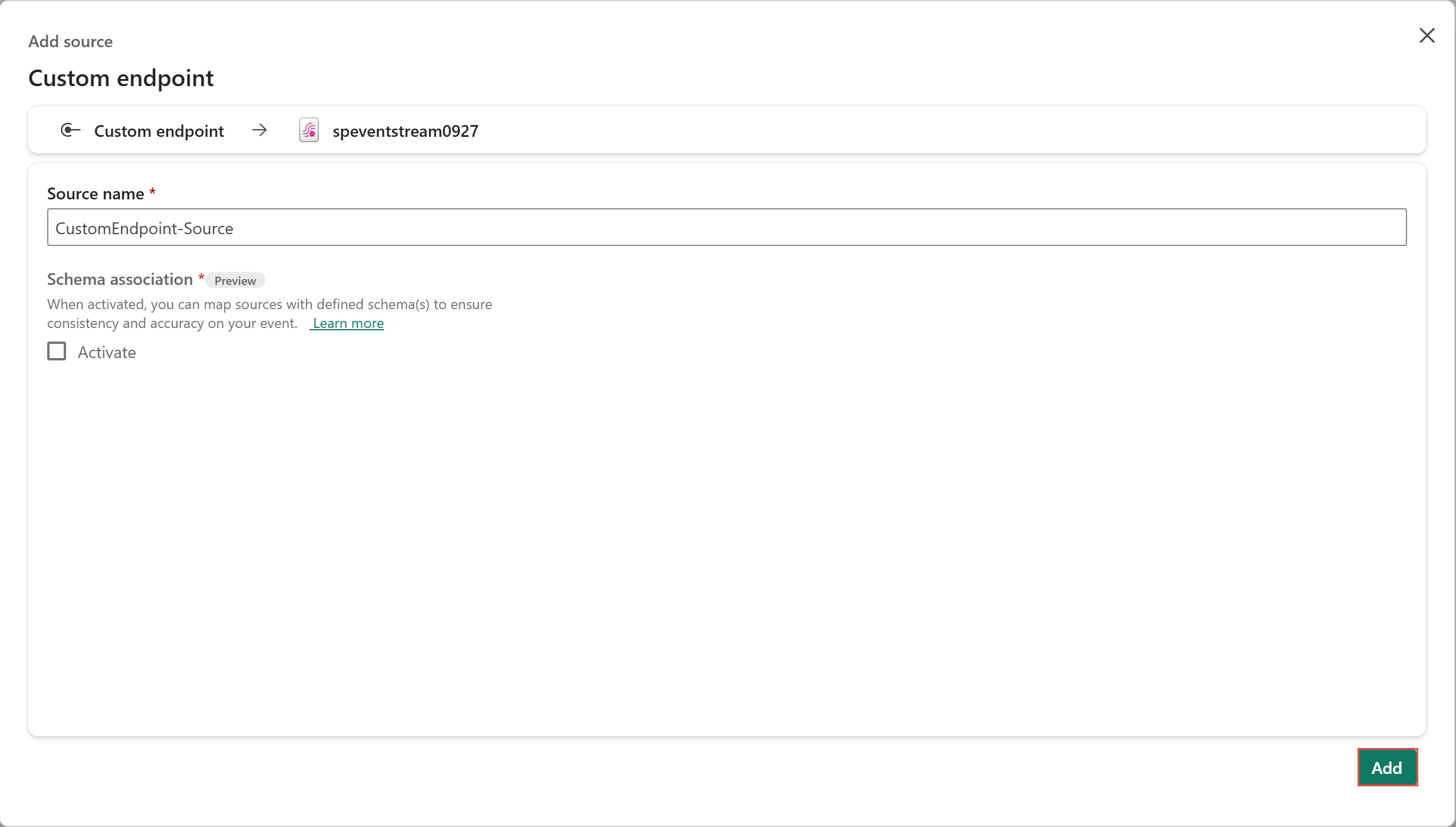 A screenshot showing the Custom endpoint screen with the Add button highlighted.