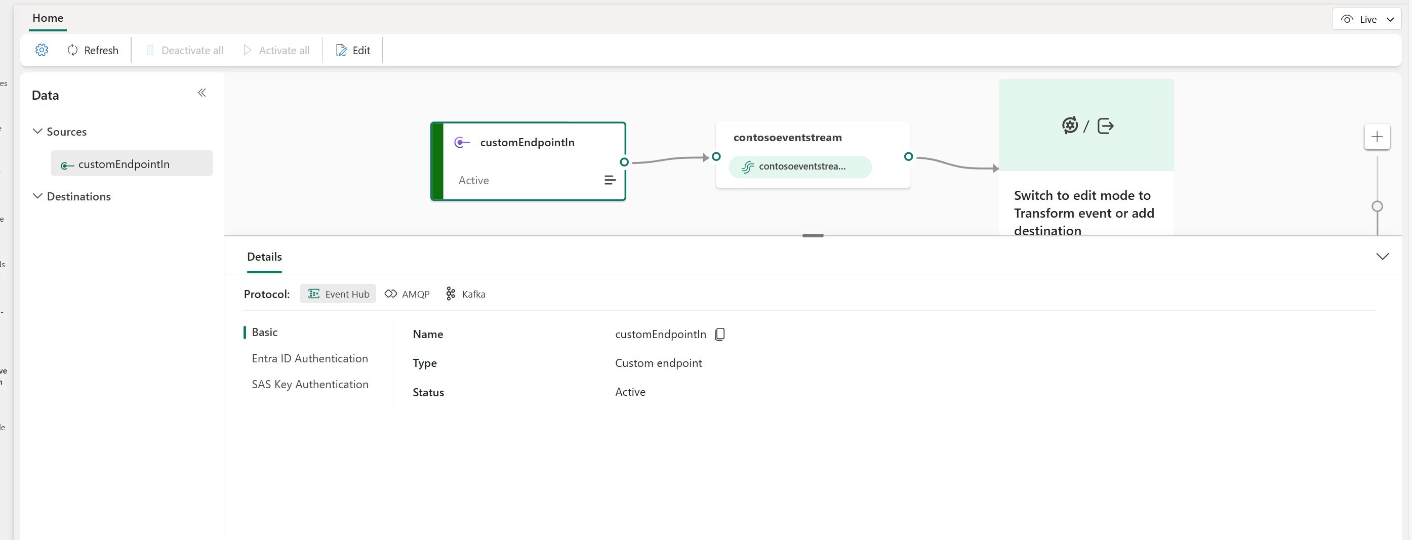 A screenshot showing the eventstream in Live view.