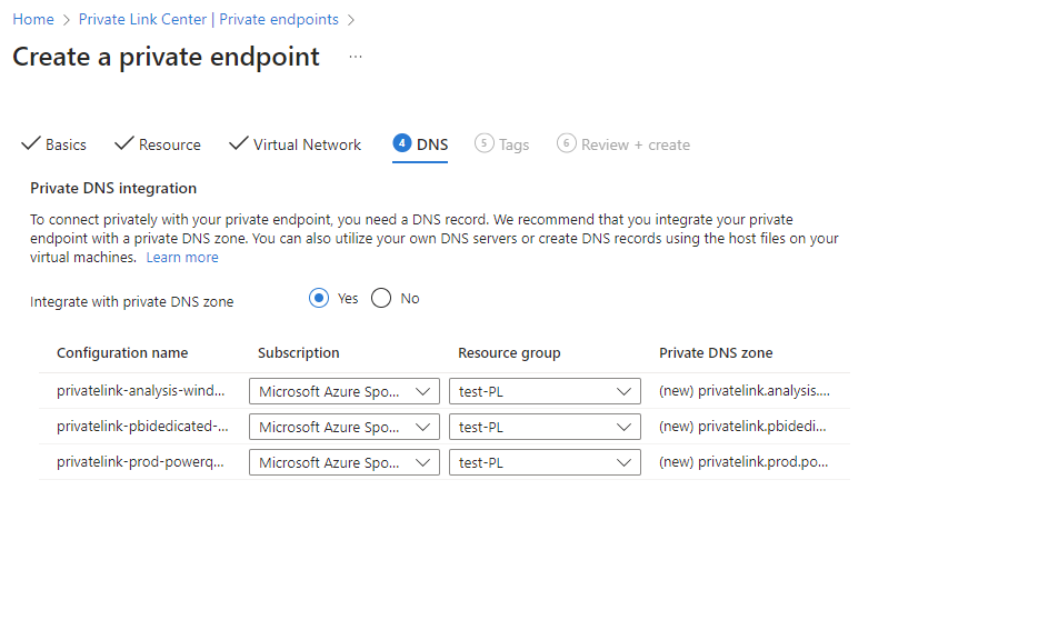 Screenshot of the create private endpoint DNS window.