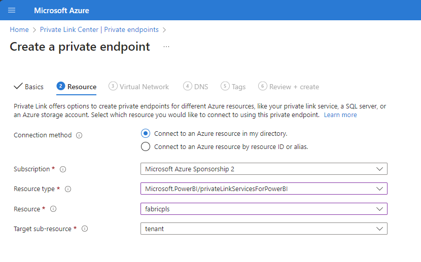 Screenshot of the create a private endpoint resource window.