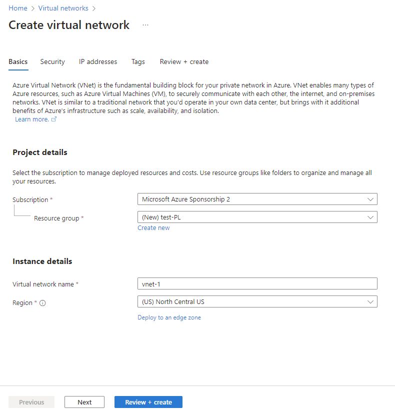 Screenshot of the Basics tab in Create a virtual network.