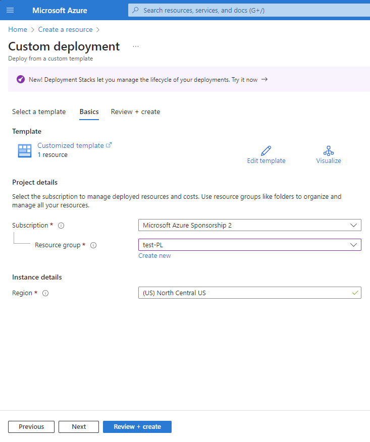 Screenshot of the Custom deployment basics tab.