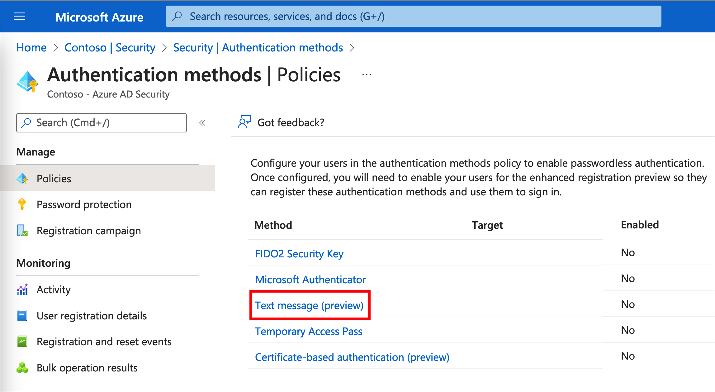 Screenshot that shows how to select the text message authentication method.