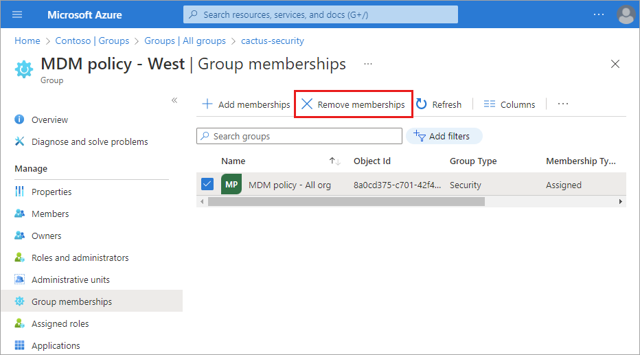 Screenshot of the 'Group membership' page showing both the member and the group details with 'Remove membership' option highlighted.