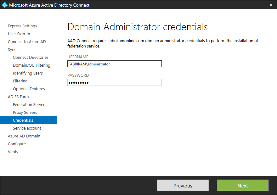 Screenshot showing the "Credentials" page. Administrator credentials are entered in the username field and the password field.