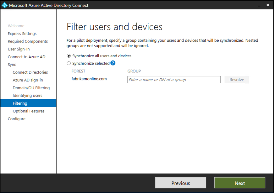 Screenshot showing the page where you can choose how to filter users and devices.
