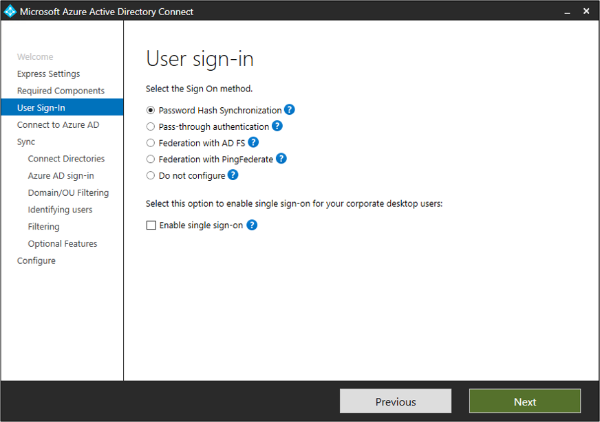 Screenshot that shows the "User Sign-in" page. The "Password Hash Synchronization" option is selected.